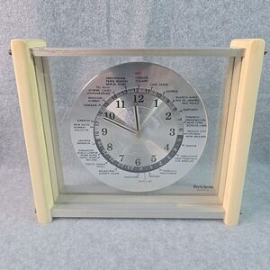 Vintage Verichron GMT World‎ Time Quartz Mantel Clock Glass Wood Metal MCM